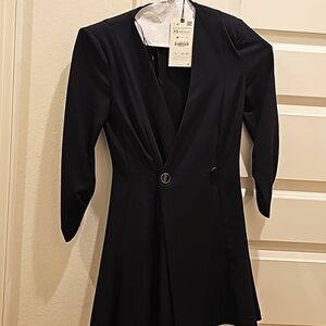 Women Zara Black Ruched Sleeve Double Breasted Blazer Romper Sz XSmall